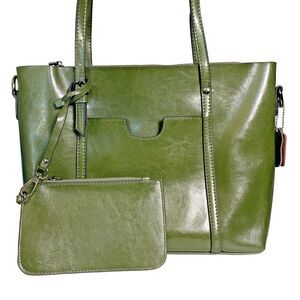 MDBM Maison de Beauté Provence Green Leather Front Pocket Tote Handbag w/ pouch